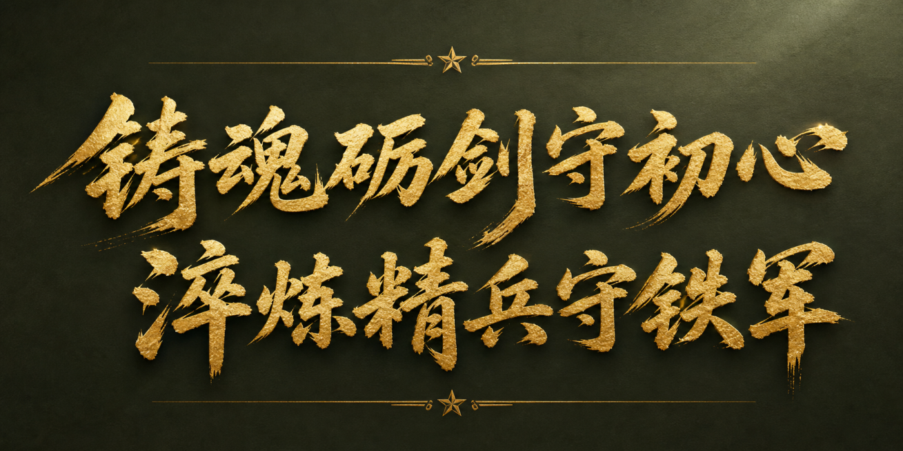 主标题文字“铸魂砺剑守初心 淬炼精兵守铁军”，文字使用粗犷苍劲烫金金箔毛笔书法大字，笔触有自然飞白、笔锋厚重有力，采用端庄细金色宋体，深暗军绿色哑光背景，光影柔和，庄重正式，高清写实预览效果