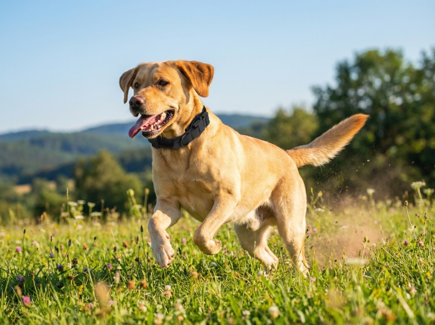 将产品戴在中型犬的脖子上面，生成狗在草地上玩耍预览效果