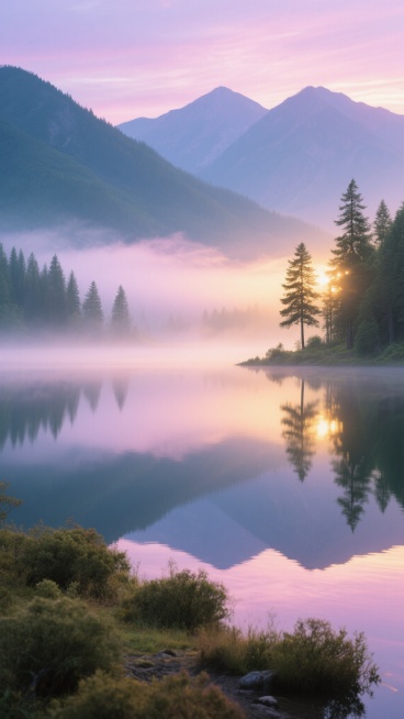 晨曦下的山间湖泊，湖面平静如镜倒映着粉紫色的朝霞与远处连绵的青山，湖岸生长着低矮的灌木与几棵挺拔的松树，晨雾如轻纱般在林间与水面缓缓流动，阳光透过薄雾洒下柔和的金色光斑，整个场景呈现出宁静、清新而梦幻预览效果