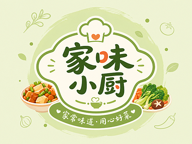外卖门店logo设计，文字内容为“家味小厨”，主体背景是淡绿色，夹杂简约菜品元素，风格温馨让人有食欲，品牌logo设计