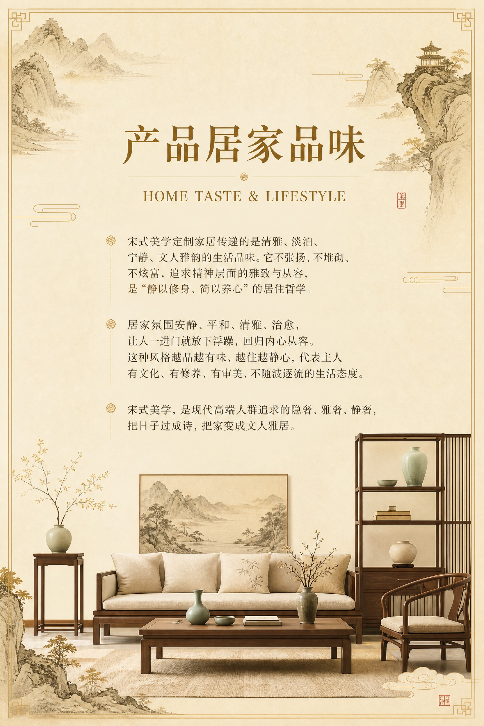 画册内页设计，竖版20cm*30cm，金黄色调，宋式美学全屋定… - 图片创意预览
