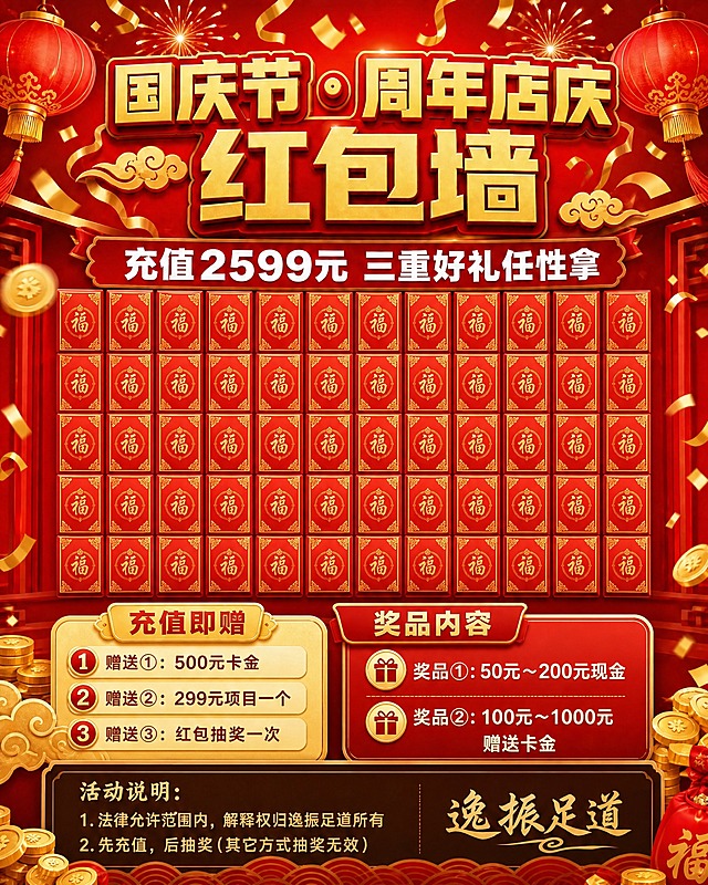 基于这张国庆周年店庆红包墙海报进行修改：将画面中间的红包墙区域重新设计，预留50个标准红包位置，整齐排列成网格状（5列×10行 或根据比例调整为合理行列数，总数50个）。每个红包位置尺寸比例为宽8.7cm、高16.5cm的竖长方形红包，红包之间留有均匀间距。红包样式统一为红色福字红包，带金色边框和福字纹样，平整排列方便后期贴真实红包。顶部标题区、底部福利卡片、奖品卡片、活动说明和品牌名保持原样不变。红包墙区域占画面中部主要空间，四周保留装饰元素。整体红金喜庆风格保持一致，版式精美，所有文字清晰可读。