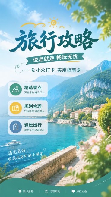 清新治愈旅行摄影风旅游攻略海报，主标题"旅行攻略"，副标题"说走就走 畅玩无忧"，装饰文案"小众打卡 实用指南"，卖点为"精选景点""规划合理""轻松出行"，采用风景旅游场景背景，画面版式精美，文字清预览效果
