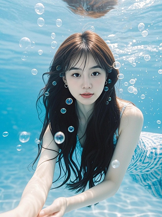 长发少女，水下写真，周围少量气泡装饰，正面视角，清透梦幻氛围，商业摄影