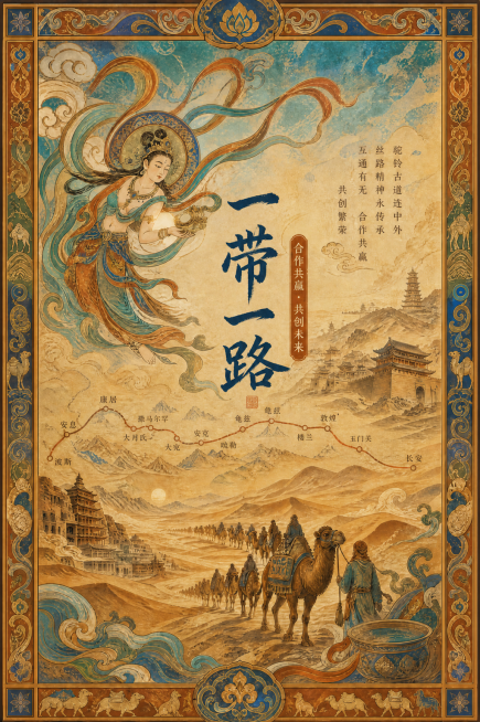 将图中‘陆上丝绸之路’文字替换为‘一带一路’，其余画面元素（飞天少女、驼队、山川城楼、纹样边框等）保持完全不变预览效果