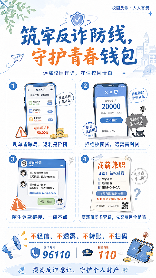 大学生反诈宣传主题海报，设计风格为简约潮酷+清新治愈风，适配Z世代大学生审美，整体画面干净通透，扁平化简约手绘风格，画面留白充足。版式为上下分区竖版海报：顶部标题区居中放置加粗放大主标题"筑牢反诈防线，守护青春钱包"，副标题"远离校园诈骗，守住校园清白"，角落点缀小字"校园反诈·人人有责"，搭配极简反诈创意图标。中部核心区采用四宫格布局：第一格绘制手机刷单界面配文"刷单皆骗局，返利是陷阱"，第二格绘制虚假借贷APP图标配文"拒绝校园贷，远离高利贷"，第三格绘制虚假客服聊天界面配文"陌生退款链接，一律不点"，第四格绘制虚假兼职招募海报配文"高薪兼职多套路，先交费用全是骗"。底部警示区加粗高亮显示"不轻信、不透露、不转账、不扫码"，标注放大高亮的求助电话"96110" "110"，收尾标语"提高反诈意识，守护个人财产"。色彩采用清新治愈风：主色浅青蓝，辅助色浅橘色，纯白通透底色，适合手机浏览。加入破损钱包、虚假二维码极简小元素隐喻诈骗陷阱，所有文字清晰可读，版式精美，整体为9:16竖版。