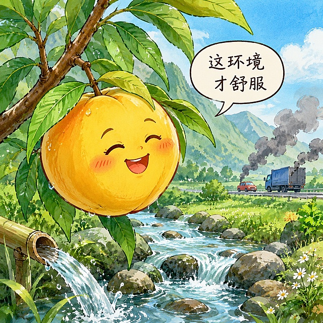 一颗长在枝头的太和黄桃，被山泉水灌溉，黄桃是手绘感的卡通拟人形象，惬意地笑着，嘴里说着文字“这环境才舒服”，远处背景有汽车尾气，整体是卡通手绘风格，色彩清新自然