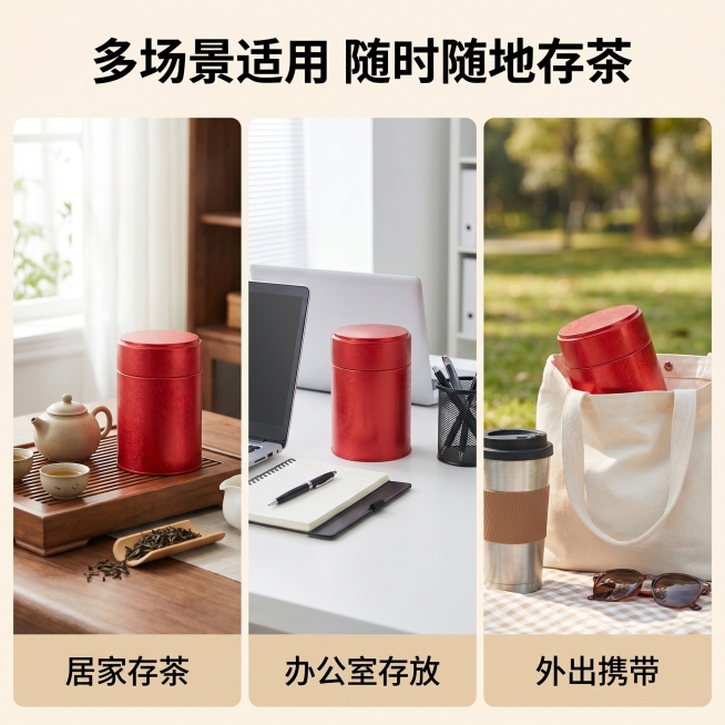 [主图 4] 多场景适用展示
[氛围风格] 生活化场景代入，清晰展示多用途
[画质] 商业摄影质感、光线柔和通透、产品清晰真实、画面干净高级。
[元素] 宫格构图三格分别展示：居家茶桌存茶、办公室桌面预览效果
