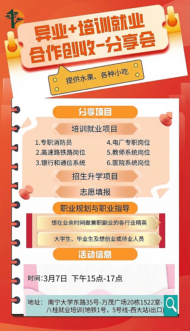 将海报内容替换为：总标题“异业+培训就业合作创收-分享会”，副标题“提供水果、各种小吃”，次一级总标题“分享项目”，内容包含标题“培训就业项目”及1.专职消防员2.高速路铁路岗位3.银行和通信系统4.电厂专职岗位5.教师系统岗位6.医院系统岗位，还有独立标题*招生升学项目*志愿填报*职业规划与职业指导，次一级总标题“适合人群”，内容为想在业余时间做兼职副业的各行业精英、大学生、毕业生及想创业或待业人员，次一级总标题“活动信息”，内容为时间:3月7日 下午15点-17点，地址:南宁大学东路35号-万茂广场20栋1522室八桂就业培训(地铁1号，5号线-西大站i出口)，整体保持红橙色调