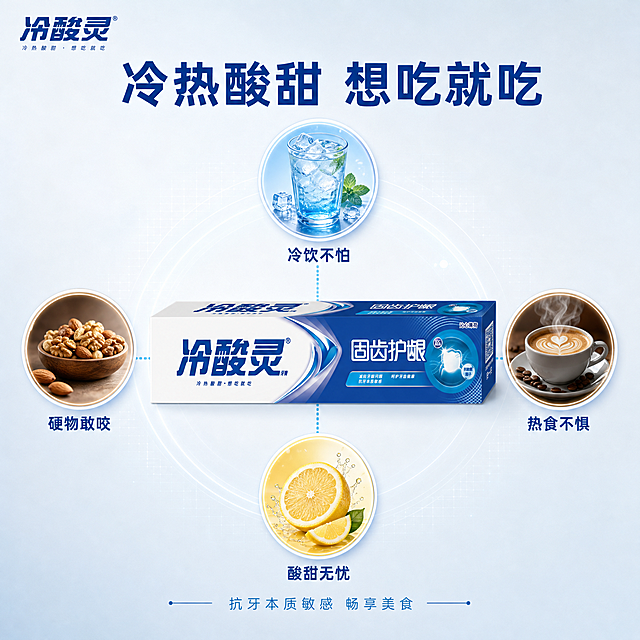 [主图-4] 冷酸灵固齿护龈牙膏多场景适用图标信息图 功能分区风
[氛围风格] 信息可视化 清晰直观 多场景覆盖 专业实用
[画质] 超高清信息图设计质感 图标精致 排版清晰
[元素] 画面中央放置冷酸灵固齿护龈牙膏盒 牙膏盒周围环绕着四个圆形场景图标 呈放射状排列 上方图标是冰饮（代表冷饮不怕） 右侧图标是热咖啡（代表热食不惧） 下方图标是柠檬（代表酸甜无忧） 左侧图标是坚果（代表硬物敢咬） 每个图标都有细线连接到牙膏盒 背景是浅蓝白色渐变 带有细微的网格纹理 左上角有冷酸灵品牌Logo 保持原品牌字形与配色 整体设计简洁现代 信息传达清晰 保持冷酸灵固齿护龈牙膏外观（即物理结构 材质质感 颜色 包装设计）与输入产品图绝对一致 杜绝任何变形和色差 精细化处理 商品主体占比约45%
[光影] 均匀柔和的平面光 产品和图标都有轻微的阴影增加立体感 整体明亮干净 信息层级清晰
[配色] 主色调为品牌蓝 白色 浅蓝 四个图标各有主题色（冰蓝 咖啡棕 柠檬黄 坚果棕） 整体色调丰富但统一
[视角构图] 正面平视 中心放射式构图 产品在中心 四个场景图标环绕 视觉动线清晰 信息一目了然
[文字版式] 画面上方居中主标题"冷热酸甜 想吃就吃" 深蓝色大号粗体无衬线字体 四个图标下方各有对应文字 上方"冷饮不怕" 右侧"热食不惧" 下方"酸甜无忧" 左侧"硬物敢咬" 深蓝色常规字重 字号约为主标题的35% 底部有一行小字"抗牙本质敏感 畅享美食" 浅蓝色 文字清晰可读 排版规整 不遮挡产品主体
[输出要求] 1:1比例 文字清晰可辨 超高清信息图设计质感
[负向提示词] 变形 文字错乱 产品图模糊 背景杂乱 水印 电商平台Logo 二维码