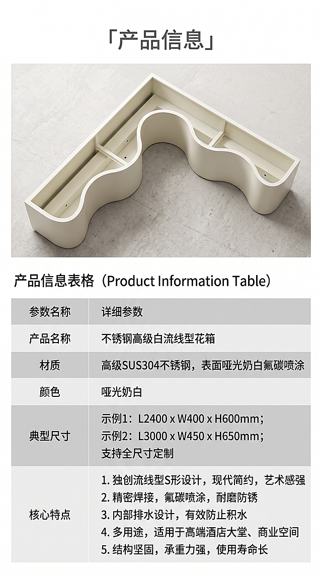 [第8屏] 产品规格参数，整理不锈钢高级白花箱详细参数。本屏使用【图1】作为商品主体。
[氛围/风格] 简约信息排版，清晰规整，专业严谨。
[元素布局] 上半部分展示花箱整体外观侧视图，保留原图造型颜色结构，下半部分制作规整参数表格，列出关键产品参数。
[光影质感] 均匀柔光，产品清晰，表格文字锐利可读，整体干净整洁。
[配色色系] 全局底色 #FFFFFF，产品奶白色，表格浅灰色块搭配深灰色文字，清晰易读。
[视角构图] 上图下表，上下分区，主体产品在上，参数信息在下，构图均衡，信息层级清晰。
[文字版式] 顶部主标题「产品信息」，下方表格包含：产品名称、材质、颜色、常见尺寸、特点几项核心参数，文字工整排列，清晰可辨，字号适合手机阅读。
[比例分辨率] 9:16竖版比例，4K分辨率，文字清晰可辨，高清画质。
[负向提示词] 产品变形，表格错乱，文字模糊，水印，颜色偏差