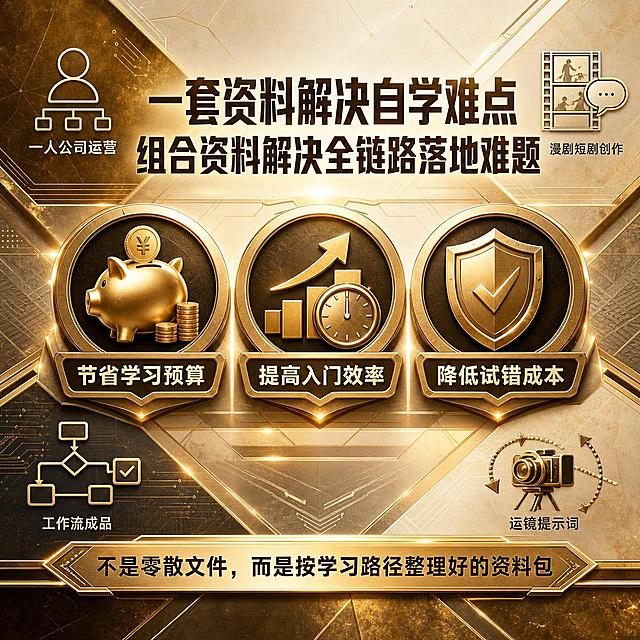拼多多电商虚拟商品主图，1:1正方形，高端轻奢鎏金质感，高亮度色阶，电影级光影，饱满构图，细腻渲染，视觉冲击力强，图多字少，文字醒目加粗远距离清晰可见，全部使用阿里巴巴普惠体/思源黑体等免费开源商用字体，无版权纠纷，无水印无乱码，无任何极限词违禁词，不承诺收益不夸大效果，客观中立描述，不制造焦虑不贬低同类产品。背景为随机鎏金板块与几何线条组合，古铜金与米白渐变，融入4个对应主题的抽象概念背景区块：一人公司运营、漫剧短剧创作、工作流成品、运镜提示词，布局随机差异化。顶部大标题："一套资料解决自学难点 组合资料解决全链路落地难题"。中间3个鎏金圆形/盾牌板块横向排列，分别写："节省学习预算""提高入门效率""降低试错成本"，每个板块配对应抽象图标，搭配相关产品概念图形。底部鎏金条带文字："不是零散文件，而是按学习路径整理好的资料包"。不用书本展示，无人物形象，无品牌商标，无软件UI界面，无第三方版权元素，整体为用户痛点型主图，构图舒服丰富。