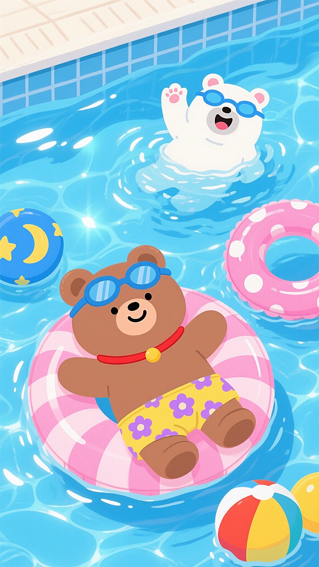 夏日可爱风手机壁纸，卡通插画风格，清澈透亮的蓝色泳池水面，阳光照射下波光粼粼，呈现出柔和的光影效果和水波纹质感。画面中央有一只戴着红色项圈、穿着黄色带紫色花朵图案泳裤的棕色小熊，正趴在粉色条纹游泳圈上微笑漂浮；一只戴着蓝色泳镜、张大嘴巴开心挥手的白色小熊在水中游动；旁边还有一个粉色带白色圆点的空游泳圈，以及蓝色带黄色星星月亮图案和黄色的两个彩色水上玩具球，所有元素共同营造出轻松愉快、充满童趣的夏日氛围，整体构图饱满，色彩明快和谐，线条圆润流畅。