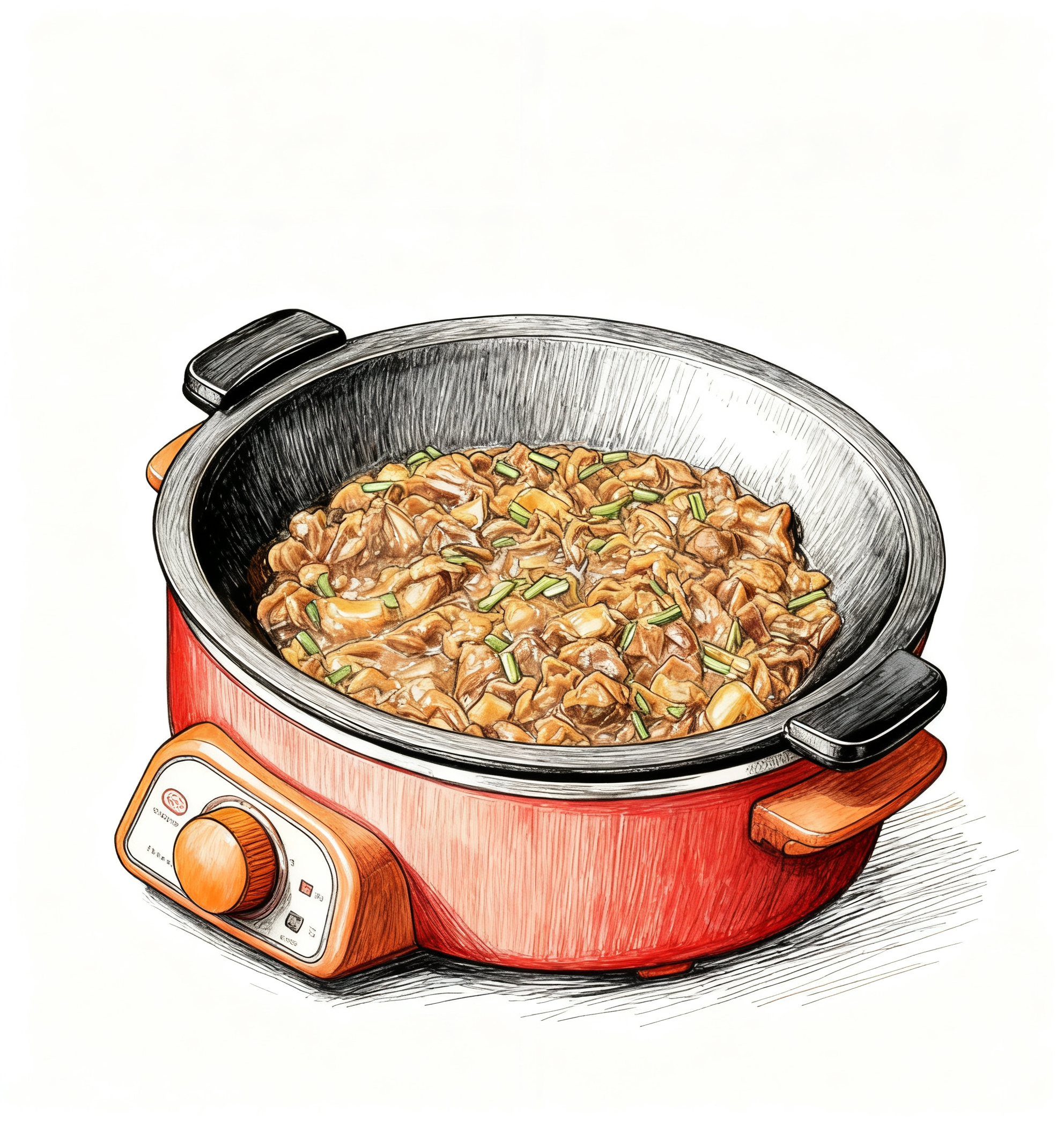 将图中的红色电火锅和里面的炖菜转换为手绘插画风格，保持食物的诱… - 图片创意预览