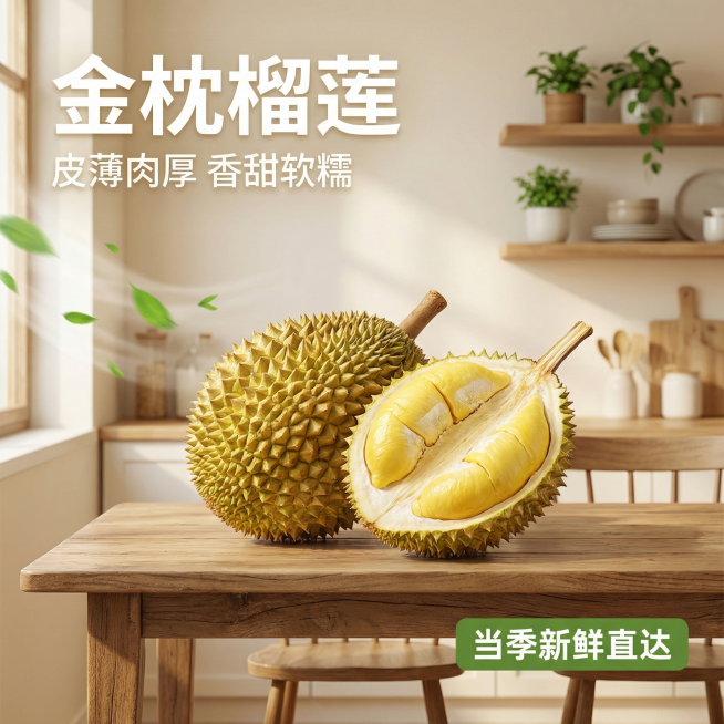 [主图1 首图点击率诱惑与食欲]
[主图主题] 金枕榴莲新鲜水果首图
[氛围/风格] 舒适简约家居治愈风格，自然暖光，食欲感满满
[画面元素] 一颗完整带壳的金枕榴莲和半颗剥开的榴莲放在木质餐桌面上，预览效果
