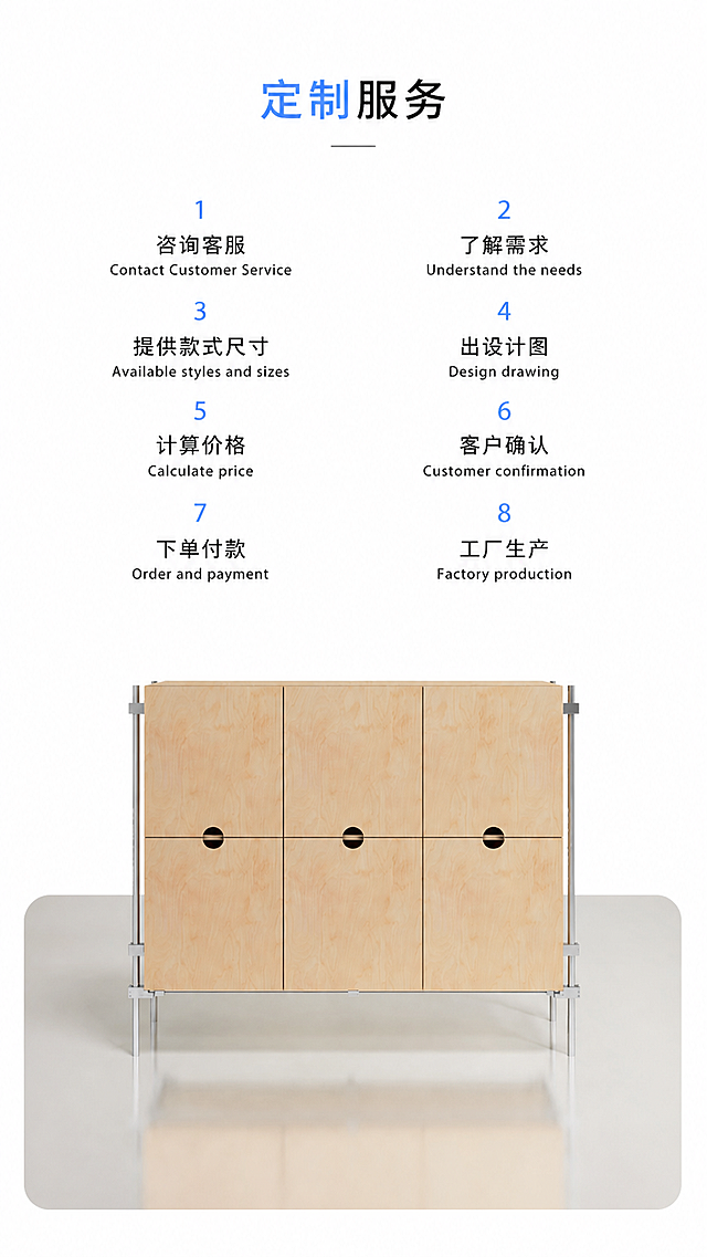 超写实服务信息展示图。
主体：一款三门双层储物柜严格参照上传产品图，完整保留所有可见组件、部件、轮廓、结构、比例、材质、颜色与产品本体上的文字信息，与上传图完全一致。产品位于画面下方，居中展示。
构图：上下结构，上方为文字信息区，下方为产品展示区。
风格：现代简约。
场景概念：定制服务流程介绍图，干净简洁的信息展示。
空间：①背景，纯白色干净背景；②产品承载面，浅灰色圆角展示台，有柔和倒影。
家具：①画面下方，三门双层储物柜，桦木色柜体配银色金属支架。
软装：①柜体下方展示台上，白色文字"游艇用同款海洋板"。软装共1件。
文字信息区：顶部标题"定制服务"，下方8个步骤分两列排列：1.咨询客服 2.了解需求 3.提供款式尺寸 4.出设计图 5.计算价格 6.客户确认 7.下单付款 8.工厂生产，每项配英文小字。
配色：主色调70%白色 + 辅助色20%原木浅米 + 点缀色10%蓝色/深灰。画面实际颜色5种：白色/原木浅米/蓝色/深灰/银灰。
材质：桦木胶合板/拉丝金属/哑光纸面。画面实际材质3种：桦木/金属/纸面。
光影：主光从正前方均匀打亮产品，柔和漫射光；金属支架有细腻高光，木质表面纹理清晰。
参数：4K写实光追。严格锁定宽高比为9:16。
去除所有水印、logo、重复文字等叠加元素，保留定制服务标题与8步流程文字，画面干净整洁。
