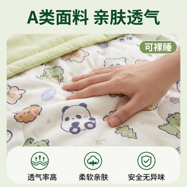 [主图 3] 夏凉被面料细节微距展示
[氛围风格] 真实材质展示，高级通透质感
[画面元素] 商业摄影质感、光线柔和通透、产品清晰真实、画面干净高级。全屏放大展示面料纹理，保留原图卡通印花图案，突出面预览效果