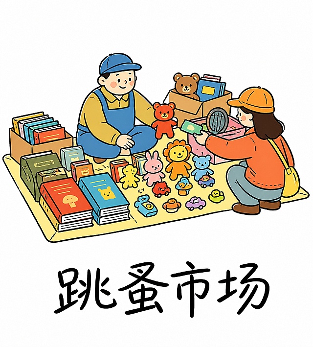 参考原图的可爱简笔画风格，改成地摊售卖的跳蚤市场场景，去掉遮阳帐篷，保留地摊摊位，摊主和顾客在摆满书籍玩具的地垫旁交易，保留清晰黑色轮廓线，明快配色，保留标题文字"跳蚤市场"，整体和参考图风格一致