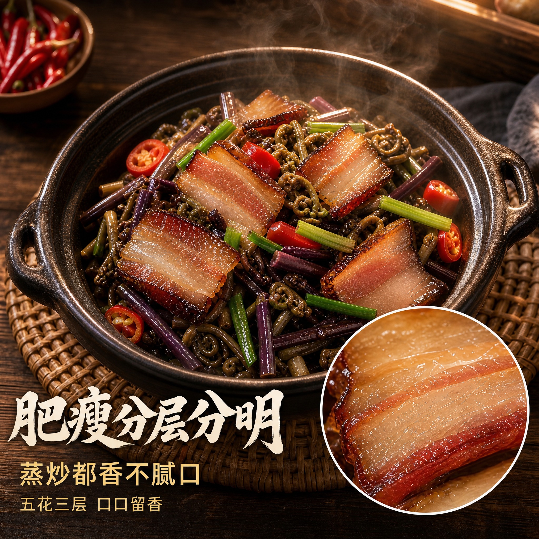 [主图-4] 川味腊肉蕨菜炒肉场景图，展示多种吃法与肥瘦分层细… - 图片创意预览