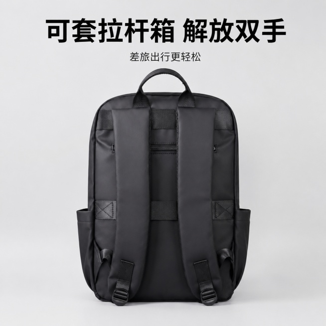 [主图-2] 双肩包背部结构展示，突出拉杆箱套带功能。氛围风格：简约清晰产品展示风。画质：商业摄影质感、光线柔和通透、产品清晰真实、画面干净高级。元素：黑色高端皮膜双肩包背部正对镜头，展示背部拉杆箱固预览效果