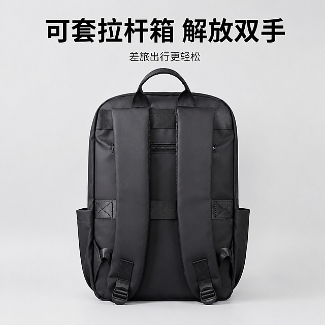 [主图-2] 双肩包背部结构展示，突出拉杆箱套带功能。氛围风格：简约清晰产品展示风。画质：商业摄影质感、光线柔和通透、产品清晰真实、画面干净高级。元素：黑色高端皮膜双肩包背部正对镜头，展示背部拉杆箱固定带设计，背景浅灰色纯色影棚，双肩包居中放置。保持双肩包外观（物理结构、材质质感、颜色）与输入产品图绝对一致，杜绝任何变形和色差，精细化处理。商品主体占比严格控制在65%左右，画面满屏无边框。光影：均匀柔和棚拍灯光，清晰展示背部织带和拉杆带结构，阴影柔和。配色：主色调黑色，背景浅灰，对比简洁。视角构图：正背面平视，景深清晰，结构完整。文字版式：顶部居中大字文案写“可套拉杆箱 解放双手”，黑色粗体字；下方小字说明“差旅出行更轻松”，字号缩小，深色文字。文字不遮挡背部核心结构。输出要求：1:1比例，文字清晰锐利，超高清商业摄影质感。负向提示词：变形，文字错乱，产品图模糊，背景杂乱，水印，电商平台Logo。