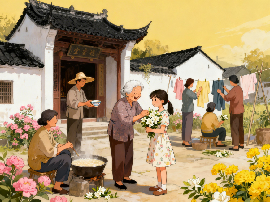 清新插画风格的乡村场景，邻里围坐帮忙晾晒衣物，白发阿婆笑着往女孩怀里塞栀子花，祠堂门口陌生人递来一碗甜酒酿，白墙黑瓦民居旁开满鲜花，整体氛围暖融融的，充满人情味预览效果