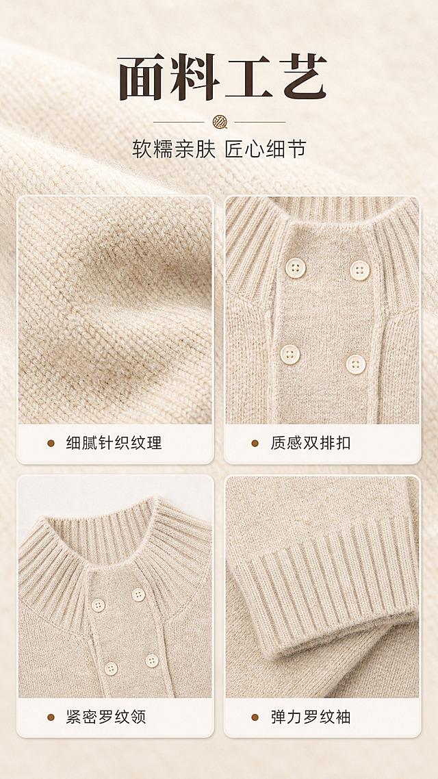 [商品] 使用【图1】燕麦色半高领双排扣针织毛衣；商品处理：保留半高领、双排扣门襟、落肩袖、罗纹收口、燕麦花纱颜色和针织面料；自然去除衣身、领口、袖子和下摆的杂乱褶皱与压痕，理顺垂坠，增强针织纹理、缝线和纽扣质感，不改变版型和结构。
[画面] 目标为面料工艺页，2x2宫格布局展示4处细节：左上针织纹理微距、右上纽扣细节、左下领口罗纹、右下袖口罗纹，每格配短标签，背景为浅米色织物质感，整体精致有质感。
[视觉] 套系策略：风格=韩系温柔通勤高级商业摄影；标题字=现代衬线粗体；正文字=简洁无衬线体；主色=燕麦奶茶色；背景延展=基于燕麦奶茶色做深浅层级、同色渐变和细腻织物/纸张质感；强调色=焦糖棕，仅用于小面积图标、引线和标签；标题色=深咖棕；正文色=中暖灰；组件=圆角浅底信息卡、细线引线；光影=左前侧暖柔光。
[文字] 顶部主标题「面料工艺」，副标题「软糯亲肤 匠心细节」，4个宫格分别标注：细腻针织纹理、质感双排扣、紧密罗纹领、弹力罗纹袖，文字横向排版，字号清晰可读。
[规格] 图片比例9:16竖版，2K分辨率，避免变形、错字、文字过小、冷蓝/蓝灰背景、衣服颜色改变、版型失真。