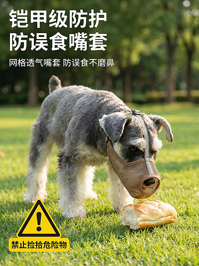 [主图 1] 迷你雪纳瑞佩戴棕色网格狗嘴套在公园草地上，展示防误食效果，狗低头想吃地上一块未吃完的面包，嘴套挡住无法吃到。商业摄影质感，光线柔和通透，产品清晰真实，画面干净高级。狗狗和产品位于画面中央，背景是绿意盎然的公园草地和树木，阳光自然，细节丰富，嘴套款式和颜色与产品图一致。左下角添加三角警示标志，标志内搭配文案"禁止捡拾危险物"，白色粗体字。左上方排版文案：主标题"铠甲级防护 防误食嘴套"，副标题"网格透气嘴套 防误食不磨鼻"。不遮挡主体，文字清晰有对比。