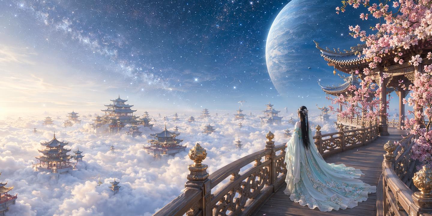 横向纵深广角构图，画面右侧是弧形浅色实木观景长廊，护栏搭配鎏金… - 图片创意预览