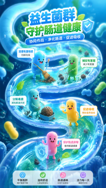 卡通动画风格，益生菌群在肠道内协同工作的场景，部分益生菌正在清理肠道内的有害杂质，肠道环境呈现通透健康的状态，采用明亮清新的蓝绿色调，画面充满动态的流动感，科普向的生动肠道健康动画画面预览效果