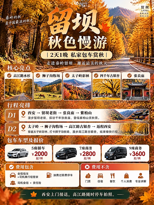 基于参考海报的暖橙金棕秋日风格和版式设计，做以下修改：1. 背景替换为留坝高江路金色水杉大道高清实景图；2. 主标题改为"留坝秋色慢游｜2天1晚 私家包车赏秋"；3. 核心亮点改为5个：✅高江路水杉｜✅狮子沟牧场｜✅太子岭彩林｜✅四千年古银杏｜✅张良庙，配图对应替换；4. 行程改为：D1 西安→留坝老街→张良庙→紫柏山；D2 太子岭→狮子沟牧场→高江路古银杏→返程西安；5. 包车车型报价保持：5座轿车 2000｜7座商务 2800｜9座商务 3600；6. 底部小字备注改为"西安上门接送，高江路随时停车拍照"；7. 保留原有的暖橙金棕秋日色调、圆角卡片版式、费用包含/不含模块、字体风格及整体布局，3:4竖版