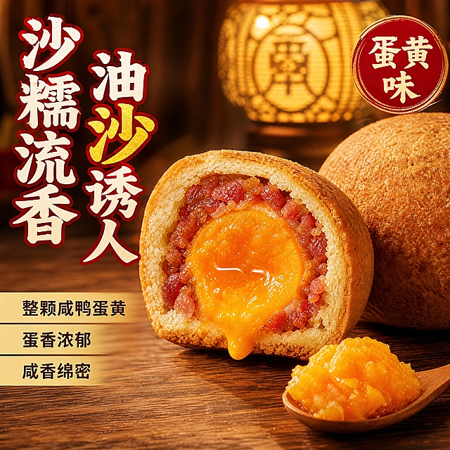 [主图-3 重制] 蛋黄云腿月饼卖点 沙糯流香 油沙诱人 拼多多风格大字主图
[统一基调] 拼多多风格 大字直白 食欲感强 暖棕红金配色 主标题用粗厚书法黑体 字色米白加红金描边 辅助文案用清爽黑体 背景暖木色配自然暖阳逆光
[画面] 画面视觉中心是一枚切开的蛋黄云腿月饼 切面正对观众 月饼外皮是云腿月饼特有的硬壳蛋糕皮 表面金黄粗糙有颗粒感 不是酥皮也没有千层酥层次 外皮厚度适中 内部包裹云腿肉馅和整颗咸鸭蛋黄 蛋黄油润沙糯 金黄流油 周围云腿肉馅肉粒分明 油润透亮 旁边放半枚完整的云腿月饼展示硬壳外皮真实外观 再放一小勺舀出的蛋黄沙展示流沙效果 背景是暖木餐桌 搭配金色中秋灯笼虚化背景 营造节日氛围 主体占画面约65% 蛋黄的沙糯油润质感和硬壳外皮纹理清晰可见
[光影质感] 暖光侧逆光打在蛋黄切面上 突出蛋黄的油沙颗粒感和流油效果 硬壳外皮有自然的粗糙纹理和金黄色泽 底部柔和接触阴影 商业美食摄影高清质感 微距细节清晰
[配色] 背景暖金棕色调 主标题米白配橙红描边 强调字用金黄色突出蛋黄主题 辅助文字深棕色
[文字版式] 画面左侧竖排大标题 沙糯流香 油沙诱人 标题下方小字 整颗咸鸭蛋黄 蛋香浓郁 咸香绵密 右上角圆形红章标识 蛋黄味 文字清晰醒目 不遮挡蛋黄主体
[输出要求] 1:1正方形 2048px 高清美食微距摄影 必须是云腿月饼硬壳蛋糕皮 严禁酥皮千层酥样式 蛋黄油润沙糯质感真实 文字清晰 禁止平台Logo水印 禁止错字 禁止产品变形