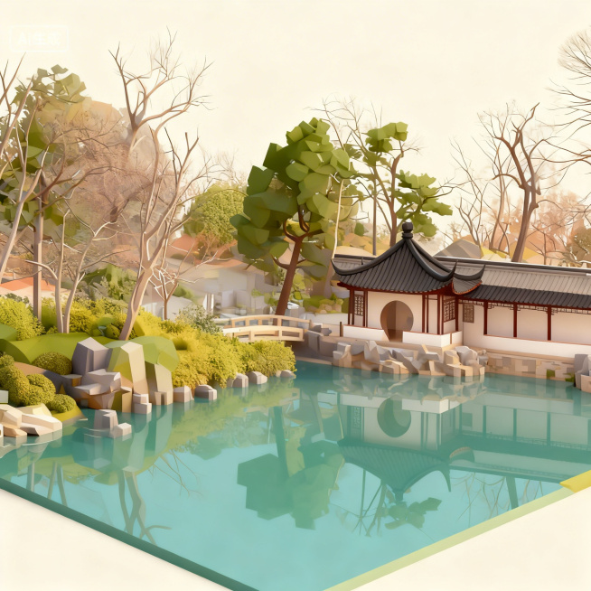 参考第一张图的轴测图风格和视角，将第二张图中的江南园林景色转换为轴测图，保留原有建筑、树木、湖水的景观结构，保持淡雅古典的色调风格预览效果
