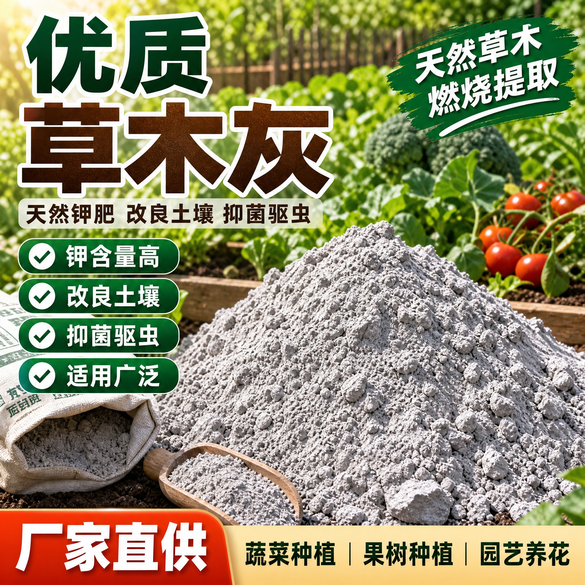 [主图-1] 首图点击率，主题为优质草木灰天然钾肥，突出厂家直… - 图片创意预览