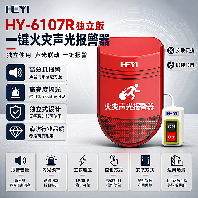 [单张主图] HY-6107R独立版一键火灾声光报警器，走消防报警行业专业工业风高信息密度主图路线，同时承担点击、理解、信任、转化四个任务。画面必须严格保持产品外观、结构、颜色、材质与输入产品图完全一致，红色主机+白色遥控器的组合形态、HEYI品牌标识、火灾逃生图标、「火灾声光报警器」字样、ON/OFF按键均不得扭曲、变形、增减。左上角放置品牌Logo，Logo字形、颜色、比例与输入Logo图一致。

[画面主体] 产品主体（红色声光报警器主机+右下角白色遥控器）居中偏右放置，正面视角略微左倾，完整展示主机正面全貌和遥控器侧面，主体组合占画面约55%。产品底部有柔和接触阴影，自然落在浅灰色台面上，不悬浮、不穿模。

[构图版式] 采用「左文右品参数型」满版构图：左上品牌Logo区，左上部超大产品名称主标题，左侧中部和下部排列核心功能与优势卖点，右侧为产品主体大图，底部通栏放置核心参数条，画面四周不留空白，所有负空间均用文字或参数模块有序填充，整体排版克制高级、信息层级分明。

[场景元素] 背景为柔和渐变的浅灰到银灰色棚拍背景，带有微妙的径向光效和细线网格，整体干净专业不杂乱；底部为浅灰色哑光台面，台面有轻微反光；右侧产品后方有极淡的光线波纹示意图形，体现声光报警属性，不抢主体；左侧和底部用细线分割的参数卡片、图标模块填充空白区域。

[文案版式] 所有文字为中文，字体使用粗黑体，主标题最大最粗，参数标题次之，说明文字最小，层级清晰。
- 左上角：品牌Logo（与输入Logo一致，HEYI字样）
- 左上部主标题（两行超大字）：HY-6107R独立版 一键火灾声光报警器
- 主标题下方副标题：独立使用 声光联动 一键报警
- 左侧中部4组功能卡片（上下排列，每组含图标+标题+短句）：
  1. 高分贝报警 声音清晰穿透力强
  2. 高亮度闪光 醒目警示远距离可见
  3. 独立式设计 无需联动即可使用
  4. 消防行业品质 稳定可靠耐用
- 底部通栏参数条（横向排列6项）：
  报警音量 闪光频率 工作电压 控制方式 安装方式 适用场景
  （每项下方配简短说明，如高分贝 / 高频闪烁 / DC供电 / 按键控制 / 壁挂安装 / 工厂商场仓库 等通用消防报警参数表述，不臆造具体数值）
- 右侧产品旁空白处用小号文字标签补充2个优势点：安装便捷 即装即用

[光影质感] 柔和棚拍光，主光从左上45度打下，辅光从右侧补光，产品红色外壳有清晰但不过曝的高光边缘，底部菱形纹理透光质感细腻，遥控器白色外壳和按键质感真实，底部有柔和自然的接触阴影，整体光影干净、立体、专业，无杂乱反光。

[配色字体] 主色调为报警行业配色：消防红 + 深蓝灰 + 银灰 + 白色，红色作为产品主色保留，背景和文字用深蓝灰与银灰色系搭配，点缀少量警示红作为强调色，杜绝深色单一颜色、纯黑背景或过于鲜艳的彩色。背景为浅灰到银灰渐变，文字主色为深蓝灰，强调色为消防红，参数卡片用浅灰底+深蓝灰字，整体克制高级。字体统一使用无衬线粗黑体，主标题字重最粗，参数标题中等字重，说明文字常规字重。

[比例分辨率] 1:1正方形，2048px*2048px，2k高清，文字清晰可辨，产品细节锐利。

[负向提示词] 产品变形扭曲、结构增减、外观改变、颜色偏差、按键变形、Logo变形错字、文字模糊、错字漏字、水印、平台Logo、杂乱背景、深色纯黑背景、鲜艳彩色、产品悬浮、穿模、重影、低清晰度、廉价感、大面积空白留白