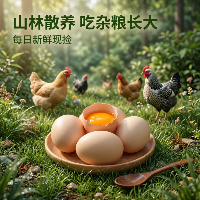 [主图 2 核心卖点] 主图主题：土鸡蛋山林散养产地溯源，氛围风格：原生态自然山林氛围，自然真实，传递信任感。画面元素：前景展示完整土鸡蛋堆放在草地上，其中一颗打开露出流油蛋黄，背景是茂密山林和散养的预览效果