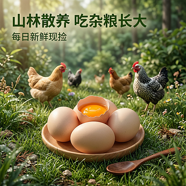 [主图 2 核心卖点] 主图主题：土鸡蛋山林散养产地溯源，氛围风格：原生态自然山林氛围，自然真实，传递信任感。画面元素：前景展示完整土鸡蛋堆放在草地上，其中一颗打开露出流油蛋黄，背景是茂密山林和散养的土鸡，环境开阔自然，凸显散养优势，自然暖光漫射。配色色系：主色调：深绿山林，浅米鸡蛋；辅助色：暖黄金黄蛋黄。视角构图：平视，近景产品清晰远景山林虚化，层次分明。文字版式：左上角主标题 "山林散养 吃杂粮长大"，副标题 "每日新鲜现捡"，字体为深绿色无衬线体，标题在背景留白处，不遮挡产品主体。比例分辨率：2k 分辨率