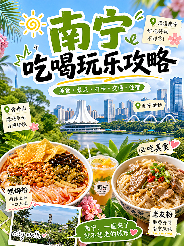 一张小红书封面图，展示南宁特色美食景点，上方有醒目的标题“南宁吃喝玩乐攻略”，整体风格清新活泼，适合旅行分享，包含螺蛳粉、老友粉、青秀山等南宁元素