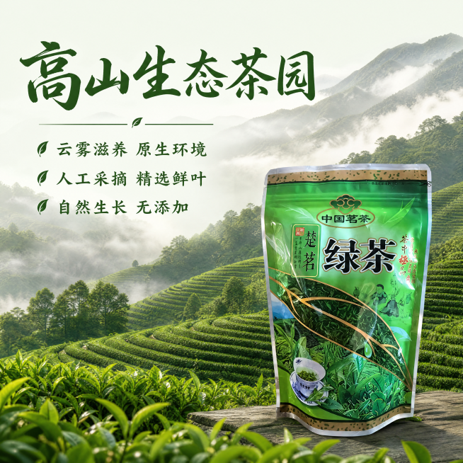 [第2屏] 本屏功能定义：楚茗绿茶核心产地展示，介绍原生茶园种植优势，突出原料天然。本屏使用【图1】作为产品展示。
[氛围/风格] 自然生态风格，真实茶园实景，清新绿意，通透自然光影。
[元素布局]预览效果