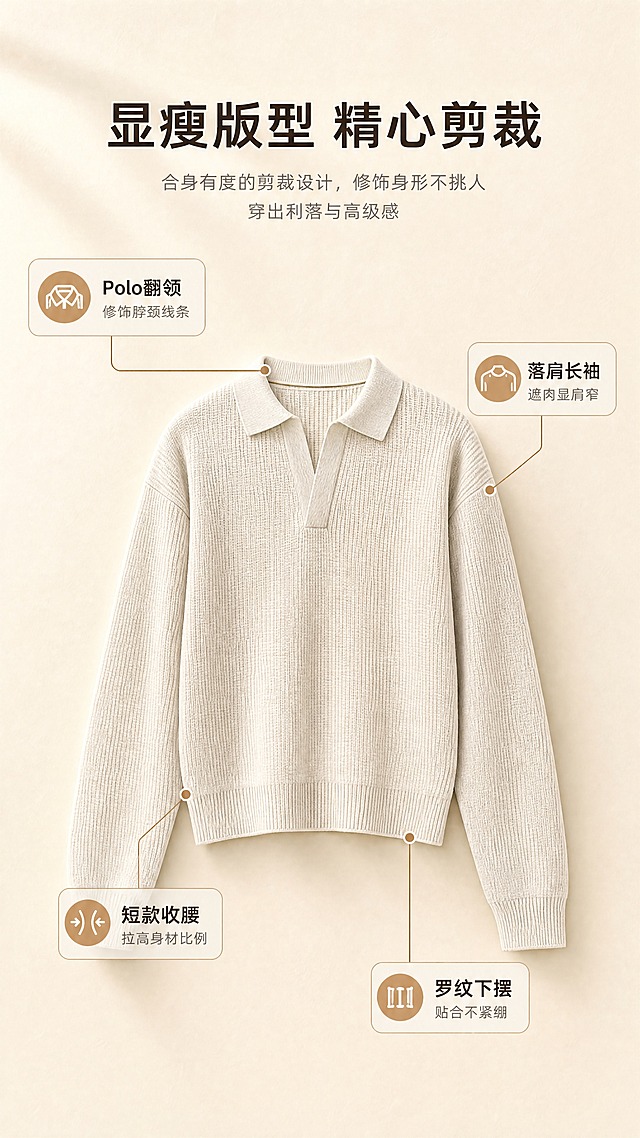 [商品] 使用【图1】米杏色假两件Polo领针织衫；商品处理：保留Polo翻领、假两件V型门襟、落肩长袖、短款收腰、华夫格针织纹理、米杏花纱颜色和整体版型；自然去除衣身、领口、袖子和下摆的杂乱褶皱与压痕，理顺垂坠，增强针织纹理、缝线和罗纹收边质感，不改变版型和结构。
[画面] 目标：版型解析页，展示核心版型优势。构图：中央正面全身平铺展示针织衫，从领口、肩线、袖口、下摆四个位置引出细线标签做版型标注；左右两侧留白放文字；产品占画面60%，背景为浅米色哑光质感。
[视觉] 套系策略：风格=轻熟通勤高级商业摄影；标题字=现代无衬线粗体；正文字=简洁无衬线体；主色=米杏暖调；背景延展=基于米杏色做深浅层级、同色渐变和细腻织物/哑光墙面质感；强调色=焦糖棕，仅用于小面积图标、引线和标签；标题色=深炭棕；正文色=中暖灰；组件=圆角浅底信息卡、细线引线；光影=左前侧暖柔光，柔和自然阴影。
[文字] 顶部主标题「显瘦版型 精心剪裁」，4处引线标注分别为：Polo翻领（修饰脖颈线条）、落肩长袖（遮肉显肩窄）、短款收腰（拉高身材比例）、罗纹下摆（贴合不紧绷）；文字横向排版，不遮挡服装主体结构。
[规格] 图片比例9:16竖版，4K分辨率，避免变形、错字、文字过小、冷蓝/蓝灰背景、衣服颜色改变、版型失真、绝对化用语。