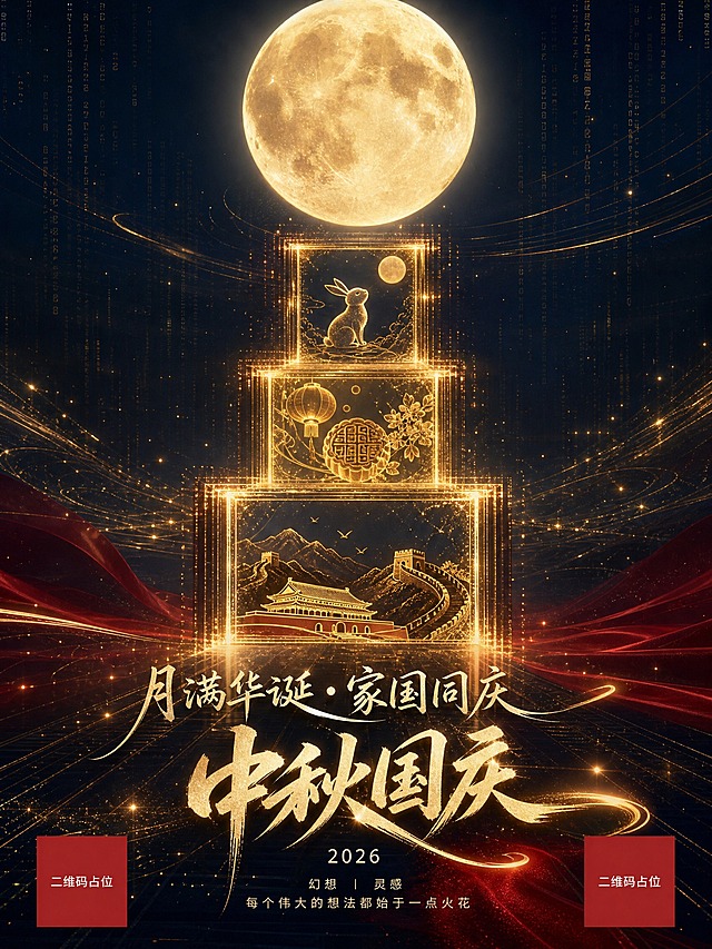 竖版中秋国庆节日海报，暗色梦幻虚拟空间，深蓝黑渐变背景，中央一轮巨大鎏金满月悬浮，月光如呼吸般明暗变化，柔和光晕。由远至近错落排列三扇打开的光门，门框由金色粒子轨迹与细线构成，强烈透视但构图简洁，空间纵深感。第一扇最远的门内：玉兔望月剪影，由光点聚合、线条流动、形态生长形成；第二扇中间的门内：月饼桂花与灯笼意象，金色光点凝聚成形；第三扇最近的门内：天安门与长城山河剪影，金色粒子流动生长。金色粒子缓缓飘散，金色镭射光线与代码矩阵若隐若现，穿越时空感。主色调为中国红、鎏金、月白、深蓝黑，暗黑美学，梦幻光效，画面干净留白，不复杂不堆砌。三维建模渲染，电影质感，细腻肌理，大师级配色，大师级排版，获奖作品级别，高细节，超高清，布局协调。画面中下方：流动毛笔手绘字体主标题"月满华诞·家国同庆"，纤细笔画，拉丝质感，灵动曲线，有金属鎏金质感；极小装饰性小字，极细无衬线字体"2026"；极细无衬线小字"幻想""灵感""每个伟大的想法都始于一点火花"；其中锋利动感的手写涂鸦字体"中秋国庆"突出视觉重心，作为视觉锚点。所有文字颜色与背景协调，鎏金与月白色调，质感肌理，艺术抽象，诗意高级。梦幻光效：粒子轨迹、光点聚合、线条流动、形态生长、呼吸光效，缓慢循环的动态感，动态虚拟，科幻感，震撼但简洁。竖版三比四构图，高级感，杰作，极具视觉冲击力，大师级排版，高细节，超高清，布局协调。画面中所有二维码区域使用纯色方块占位符呈现，方块中央标注"二维码占位"文字，严禁生成任何可识别的二维码图案。画面中所有信息区域必须填充完整合理的内容，不得出现空白框、空白占位、横线待填写区域、空列表项、空单元格。画面中必须完整呈现以下文字信息："月满华诞·家国同庆"、"中秋国庆"、"2026"、"幻想"、"灵感"、"每个伟大的想法都始于一点火花"。画面中所有数字必须精确渲染，不得错位、遗漏或编造。