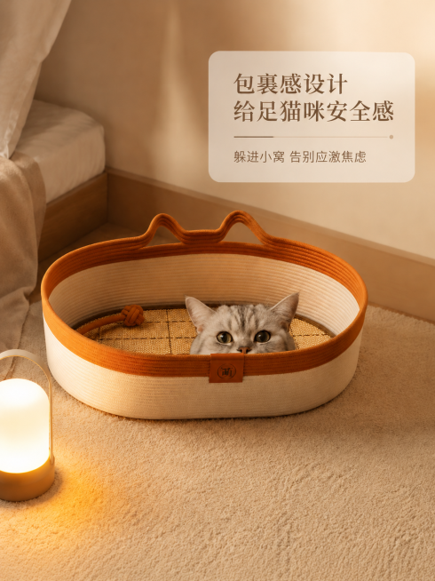 保持原图所有内容：产品细节、文字内容、构图、猫咪、场景、风格完全不变，仅将图片比例修改为3:4竖版，保持ins奶油侘寂风，高清，产品细节不变，文字不变，风格统一预览效果
