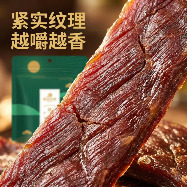 基于用户上传的风干牛肉商品图，生成小红书主图第三张。核心卖点展示牛肉纹理细节，微距特写风干牛肉表面，突出紧实纹理和诱人油光，背景搭配产品包装袋，光影延续自然暖逆光，突出食欲感，画面左上角添加文案"紧实预览效果