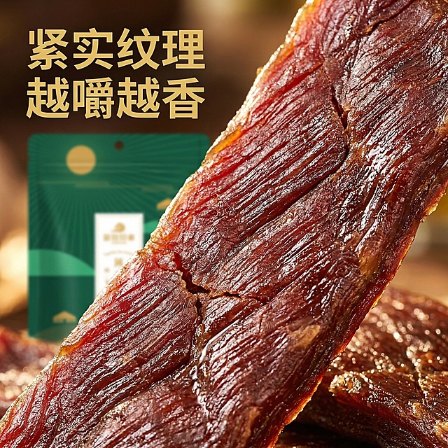 基于用户上传的风干牛肉商品图，生成小红书主图第三张。核心卖点展示牛肉纹理细节，微距特写风干牛肉表面，突出紧实纹理和诱人油光，背景搭配产品包装袋，光影延续自然暖逆光，突出食欲感，画面左上角添加文案"紧实纹理 越嚼越香"，字体为无衬线粗体，配色与产品包装统一，文字不遮挡主体细节，1:1比例，风格和前两张保持一致，原生氛围感适配小红书