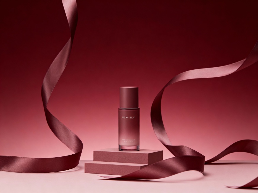 暗红色渐变背景，背景有豆沙色丝带缠绕，小台阶上放置产品，产品呈现前后层次感，光线柔和，整体氛围温馨雅致预览效果