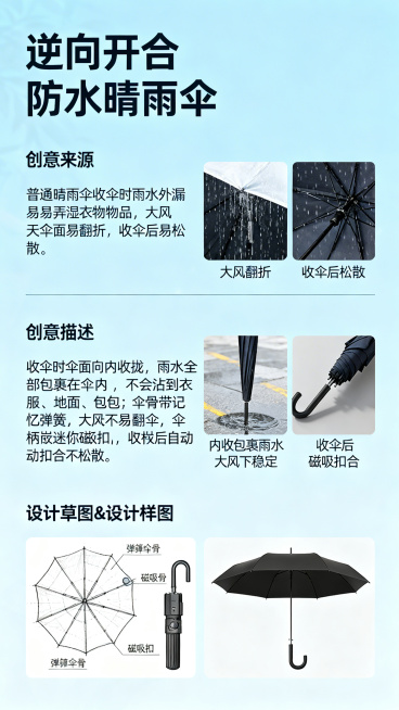 竖版逆向开合防水晴雨伞创意介绍海报，浅蓝清新背景，顶部标题为“逆向开合防水晴雨伞”，图文排版参考示例图片的布局，依次包含模块：1.创意来源：普通晴雨伞收伞时雨水外漏易弄湿衣物物品，大风天伞面易翻折，收预览效果