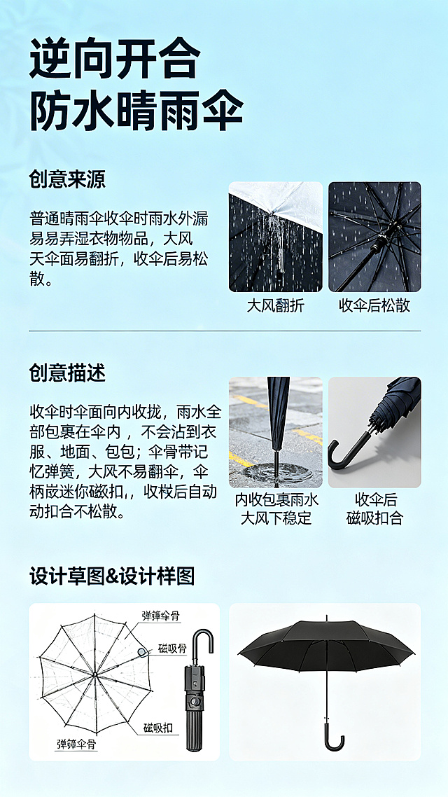 竖版逆向开合防水晴雨伞创意介绍海报，浅蓝清新背景，顶部标题为“逆向开合防水晴雨伞”，图文排版参考示例图片的布局，依次包含模块：1.创意来源：普通晴雨伞收伞时雨水外漏易弄湿衣物物品，大风天伞面易翻折，收伞后易松散；2.创意描述：收伞时伞面向内收拢，雨水全部包裹在伞内，不会沾到衣服、地面、包包；伞骨带记忆弹簧，大风天不易翻伞，伞柄嵌迷你磁吸扣，收伞后自动扣合不松散。每个模块旁搭配对应功能的晴雨伞展示图，底部加入设计草图、设计样图模块，整体排版整洁，图文并茂，风格清新简约，文字清晰易读。