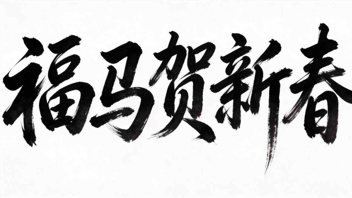 参考图中黑色字体的字形，生成文字“福马贺新春”，白色背景预览效果