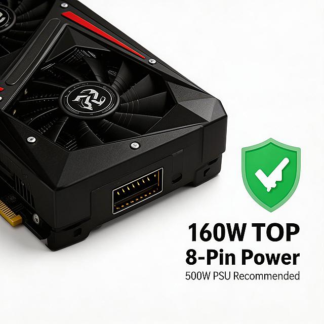 Close-up of the 8Pin power supply interface of RX 6600 XT graphics card, black and red color scheme, close-up shot, pure white simple background, soft top light, clear texture, white, black, red, green color scheme, selling point text: '160W TDP | 8-Pin Power | 500W PSU Recommended', green security shield icon, power saving mark, practical selling point image, intuitive and easy to understand, no any logo, use the provided product appearance