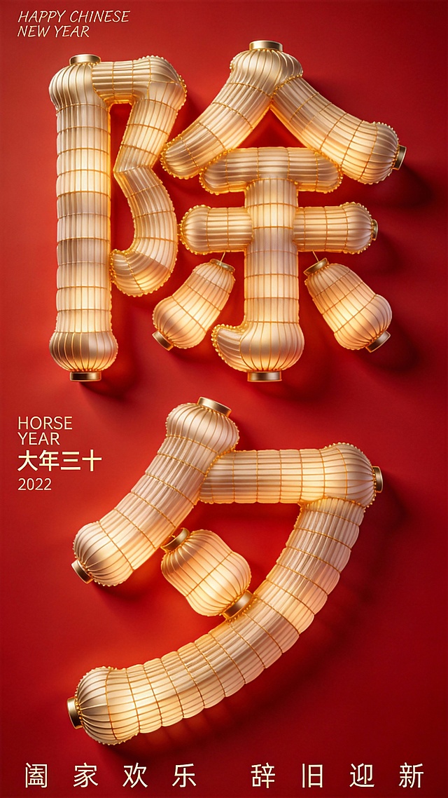 Greg Rutkowski 风格 3D 灯笼字“除夕”，每一笔皆由精细金色灯笼纹理构成，灯笼纹理真实、细密、层次分明，具有东方节庆质感，边缘柔化处理，细节圆润不过硬。极简纯红色背景，干净、克制、高级，纵向构图，主体居中正视图。 整体光影层次丰富而克制，主光柔和、辅光精准，具有大师级光影控制能力。OC 渲染风格，16K 超高清输出，极致细节表现，纹理、光影与材质全部拉满，整体呈现高级东方审美与现代极简结合的高端视觉风格。 画面为高清平面海报设计，色彩高度克制，极简几何构成，留白充足，整体氛围轻盈、安静、充满新一年开始的仪式感，不喧闹、不堆砌节日元素，偏高端品牌新年主视觉。 左侧文字区排版设计： 顶部： 极细手写体英文，极小字号 “HAPPY CHINESE NEW YEAR”，时间信息区（上下排布）： 小号无衬线字体 “HORSE YEAR” “大年三十” 底部祝福文案小字号无衬线中文“阖家欢乐 辞旧迎新”整体文字排版轻盈、克制、呼吸感强，与主体灯笼字保持明确视觉层级，不抢主体、不制造拥挤感。整体风格为极简、高级、安静的新年视觉表达。